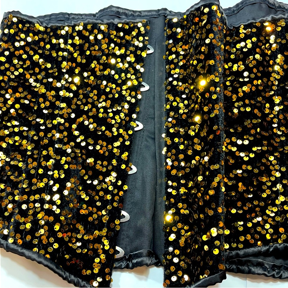CORSET Lolita sexy Black Gold Lace Up top Drawer by Daisy Metallic Cotton Sz 6XL